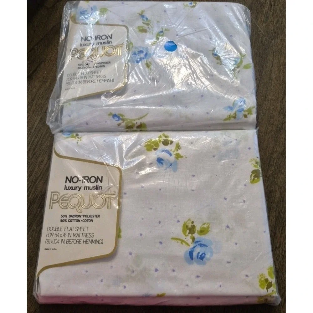 2 Vintage NOS No Iron Luxury Muslin Pequot Double Flat Sheet Blue Rosebuds